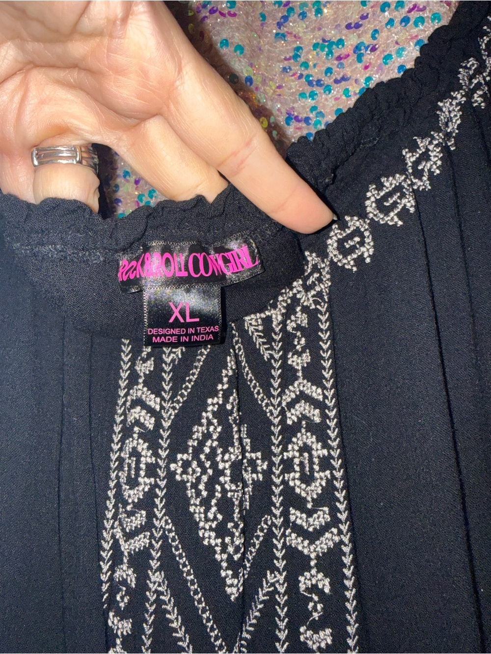 Rock & Roll Cowgirl Black Top with Ivory Embroidery
